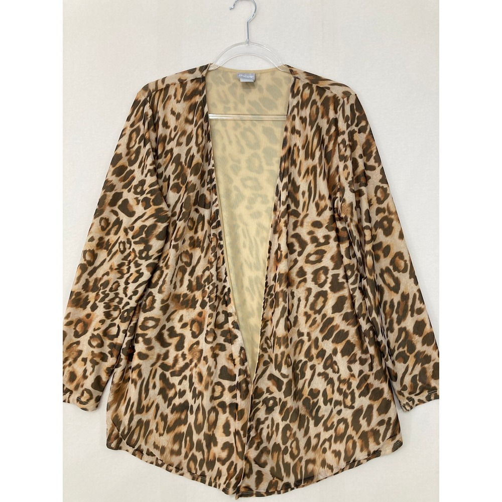 Chico's Leopard Cardigan Size Large/2 Brown Animal Print Open Front Knit Comfy‎